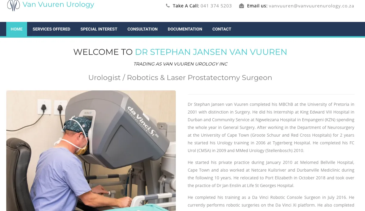 Screenshot of the Van Vuuren Urology website